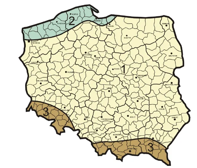 Podział Polski na strefy obciążenia wiatrem
